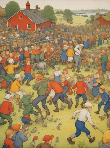 farmer protest,red hen,grant wood,square dance,may day,forest workers,forced labour,farm workers,july 1888,crowds,the pied piper of hamelin,crowd of people,workers,folk wrestling,first world war,crowd,oktoberfest background,folk art,the labor,large market,Illustration,Realistic Fantasy,Realistic Fantasy 31