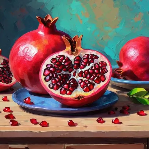 pomegranate on the table, rendered in the style of 3D rendering, with animation in the style of Pixar, high resolution, bright colors, suitable for a mobile phone wallpaper or game icon design.,pomegr