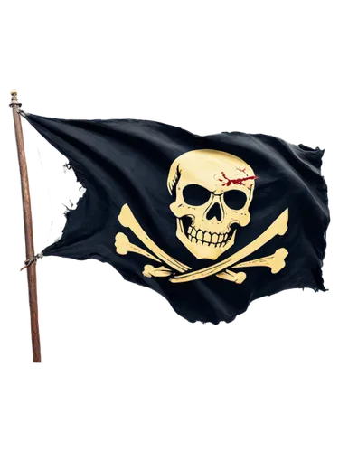 Pirate flag, Jolly Roger, black background, white skull, crossbones, red eyes, gold teeth, torn edges, worn out, waving in wind, dynamic movement, high contrast, dramatic lighting, cinematic compositi