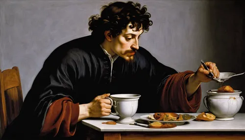 Write a funny story about a cup that comes to life and causes chaos in the kitchen.,woman drinking coffee,cofe,woman eating apple,meticulous painting,bellini,christ feast,eucharist,tanacetum balsamita