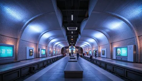 Futuristic metro station, undulating blob-like structures, iridescent materials, glow-in-the-dark accents, holographic advertisements, translucent canopies, soft diffused lighting, ambient soundscape,