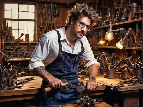 craftsman,blacksmith,metalsmith,watchmaker,tinsmith,woodworker,gunsmith,craftsmen,a carpenter,shoemaking,clockmaker,shoemaker,artisan,tradesman,cutting tools,metalworking,metalworking hand tool,bicycle mechanic,handyman,carpenter,Illustration,Realistic Fantasy,Realistic Fantasy 37