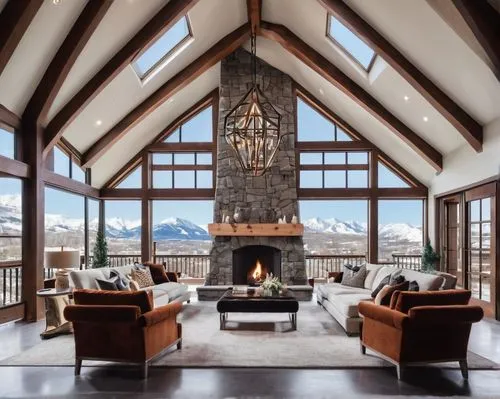 luxury home interior,fire place,alpine style,beautiful home,fireplaces,house in the mountains,family room,fireplace,the cabin in the mountains,wooden beams,living room,log home,loft,sunroom,snow house,livingroom,luxury home,great room,chalet,coziness,Unique,3D,Clay