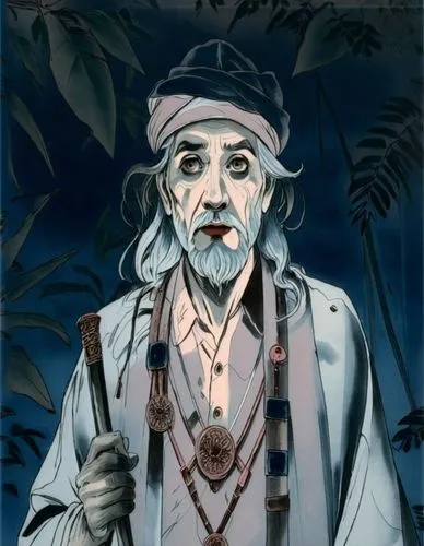 an old man with long white hair and white beard is holding two wooden sticks,qaboos,cowasjee,abuzayd,radagast,rabindranath,bapuji,Illustration,Paper based,Paper Based 30