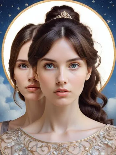 two women, at a suitable distance from each other,two woman with large earrings and tiaras on their heads,priestesses,pevensie,earthsea,melian,hypatia,margairaz