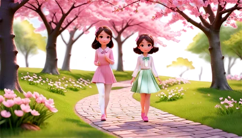 walking in a spring,japanese sakura background,spring background,springtime background,sakura background,the cherry blossoms,walk in a park,little girls walking,cherry blossoms,hanami,pathway,sakura trees,girl walking away,walk,spring greeting,flower background,cherry trees,takato cherry blossoms,girl and boy outdoor,flower garden,Unique,3D,3D Character