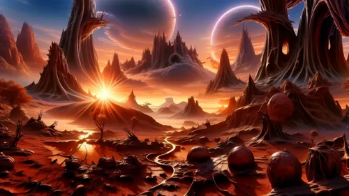 alien planet,alien world,volcanic landscape,fantasy landscape,fire planet,volcanic field,mushroom landscape,scorched earth,lunar landscape,futuristic landscape,planet alien sky,exoplanet,lava plain,terraforming,red planet,post-apocalyptic landscape,fantasy picture,valley of death,cartoon video game background,valley of the moon