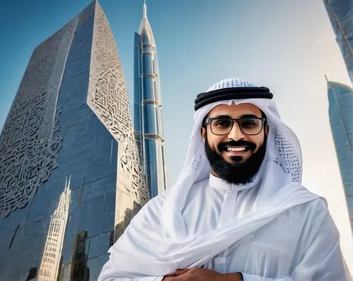 Modern Arabic architect, Dada Deo Alrashid Alam, standing confidently, wearing a white dishdasha and keffiyeh, holding a large blueprint, black-framed glasses, well-groomed beard, mustache, and hair, 