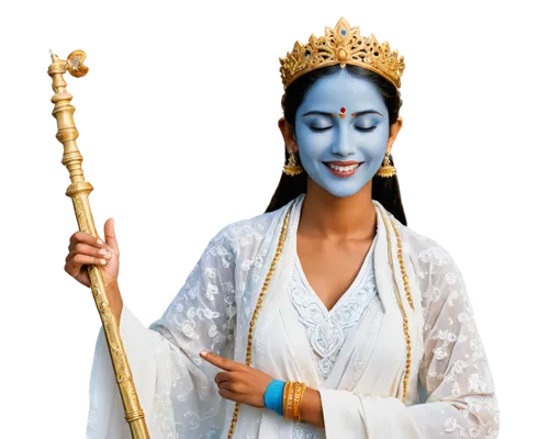 Hindu god, Krishan, blue skin, ornate crown, golden jewelry, holding flute, gentle smile, soft eyes, flowing white robe, intricate embroidery, lotus flower, sacred thread, subtle makeup, serene expres