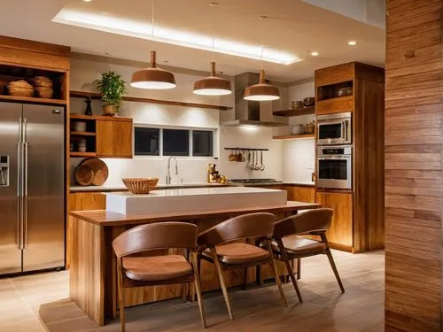 an island counter in a large kitchen with wooden cabinetry and lights,modern kitchen interior,modern kitchen,kitchen design,wood casework,kitchen interior,chefs kitchen,kitchens,contemporary decor,lim