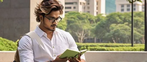 Architecture student, male, 20s, glasses, messy hair, casual wear, jeans, white shirt, backpack, pencil in hand, taking notes, modern college campus, Pune cityscape, greenery surroundings, warm natura