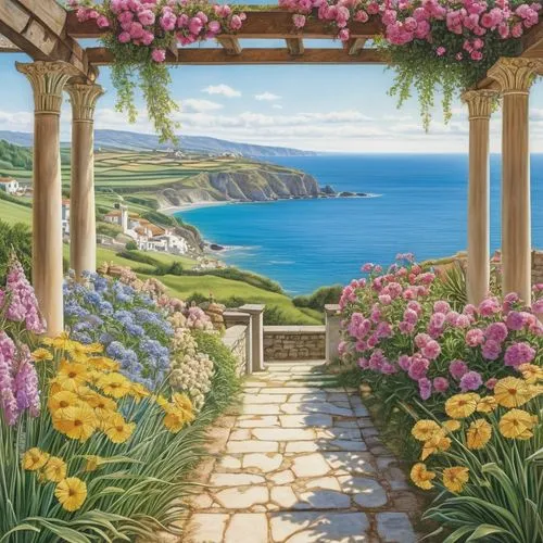 landscape background,springtime background,spring background,summer border,bougainvilleans,seaside country,seaside view,home landscape,summer background,flower background,windows wallpaper,easter background,beach landscape,hydrangea background,background with stones,coastal landscape,nature background,bougainvilleas,beautiful landscape,french digital background,Photography,General,Realistic