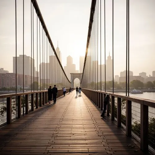 Curved pedestrian bridge, steel cable suspension, wooden decking, rustic railings, urban landscape, city skyline, morning fog, soft warm lighting, shallow depth of field, 3/4 composition, panoramic vi