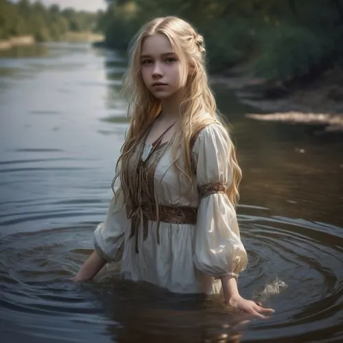 the blonde in the river,girl on the river,the night of kupala,rusalka,mystical portrait of a girl,water nymph,girl on the boat,jessamine,eufiliya,blond girl,girl in a historic way,in water,woman at the well,fantasy picture,on the river,stream,siren,fantasy portrait,waterway,fairy tale character,Conceptual Art,Fantasy,Fantasy 01