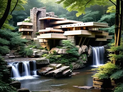 fallingwater,asian architecture,japanese garden,house in the forest,waterfall,teikoku,yavin,rivendell,waterfalls,cascada,forest house,water mill,kanto,shangri,skylands,world digital painting,cascade,ryokan,futuristic landscape,kirrarchitecture,Illustration,Paper based,Paper Based 29