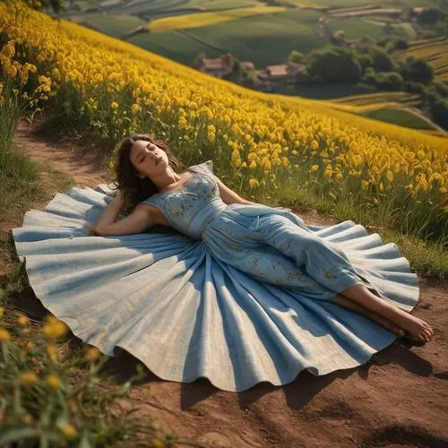 girl in a long dress,girl lying on the grass,groundies,woman laying down,long dress,belle,blooming field,idyll,cinderella,a floor-length dress,bed in the cornfield,dirndl,suitcase in field,country dress,sound of music,relaxed young girl,daffodil field,primavera,blanket of flowers,celtic woman,Photography,General,Commercial