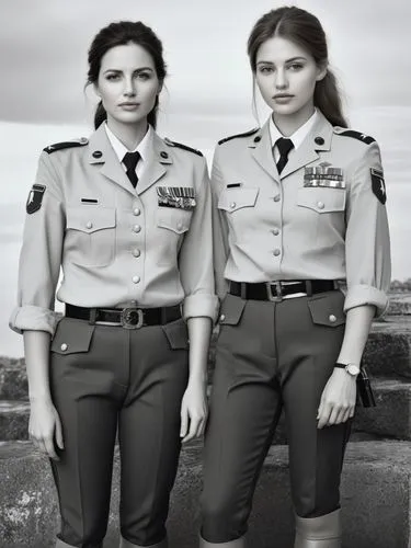 Black and white high resolution photography: The female soldiers walk side by side and appear relaxed, despite being in a military environment. They exchange warm smiles, showing their close friendshi