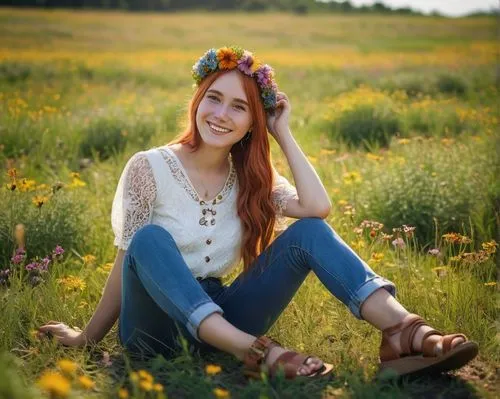 Hippie girl, pigtail braids, colorful hair clips, bright smile, freckled skin, flower crown, lace blouse, high-waisted bell-bottom jeans, brown leather sandals, sitting cross-legged, nature background