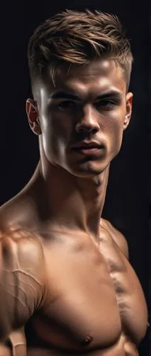 image of a young man, muscular boxer, really short hair with fade, not too sharp jawline but still alright black background, by Charlie Bowater,neck,photoshop manipulation,body building,male model,pri