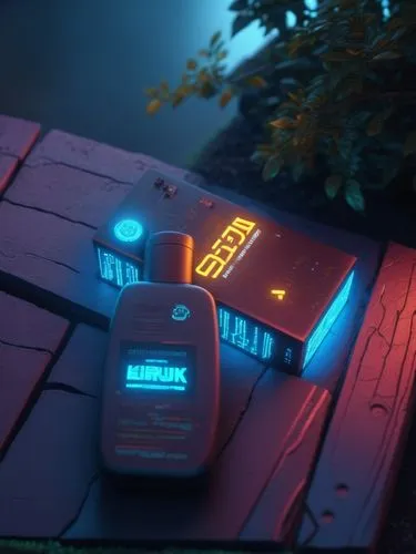 a bottle of deodorant next to a lit - up remote control,renderman,neon coffee,cinema 4d,garrison,3d render,cosmetics counter,Photography,General,Sci-Fi