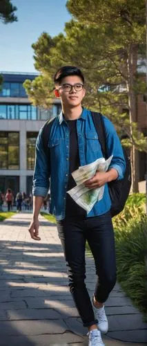 Architecture student, male, 25yo, glasses, short black hair, casual wear, blue denim shirt, dark jeans, sneakers, backpack, holding a large rolled-up blueprint, standing in front of a modern universit