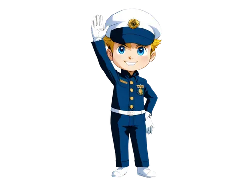 Cartoon character, boy, smiling face, bright blue eyes, spiky hair, white gloves, navy blue uniform, golden buttons, standing at attention, right hand saluting, left hand holding hat, dynamic pose, vi