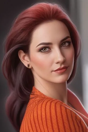 an animated po of a woman in orange sweater,triss,jadzia,illyria,romanoff,derivable,melisandre,Illustration,American Style,American Style 13