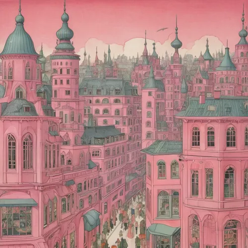 pink city,twenties of the twentieth century,pink october,hamelin,fantasy city,dresden,city cities,pink dawn,hans christian andersen,hanseatic city,gobelin,october pink,xix century,1926,1925,townscape,constantinople,1921,new castle,vintage illustration,Illustration,Realistic Fantasy,Realistic Fantasy 31