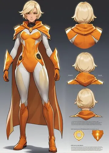 A turnaround character design sheet of a female superhero with a cape. Athletic figure. Extremely short blonde hair. Color: Orange and gold. Comic book cell-shading style. Full body shot. Character st