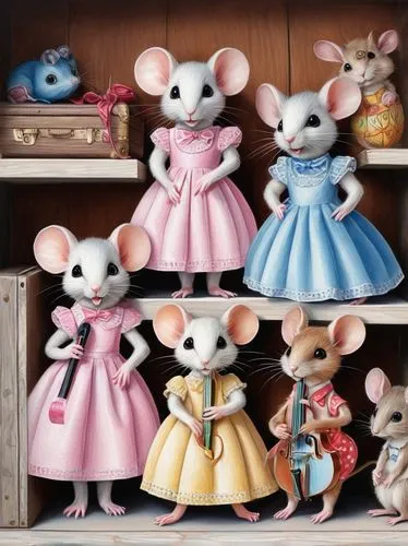 Cute Hasbro rat dolls, 3-4 in a row, sitting on a white wooden shelf, soft pink and blue dresses, big shiny eyes, tiny nose ring, colorful hair bows, holding tiny musical instruments, standing on hind