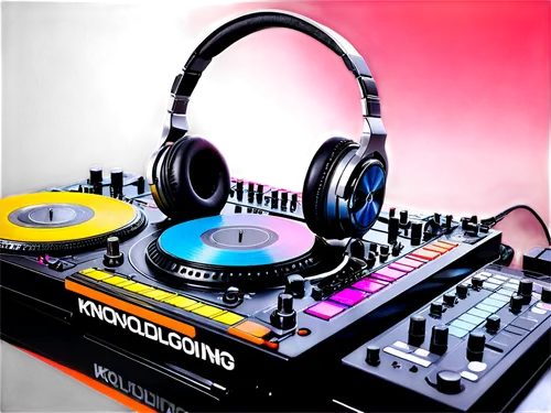 DJ, soundboard, headphones, microphone, speakers, vinyl records, music notes, bright lights, neon colors, dynamic pose, energetic gesture, futuristic setting, metallic materials, glossy texture, high-