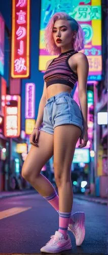 femboy, pastel hair, bold eyebrows, glossy lips, blush, slender body, fitted crop top, high-waisted shorts, knee-high socks, sneakers, posing, confident expression, city street, Tokyo neon lights, vib