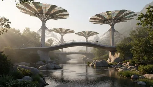 Organic bridge structure, undulating curves, natural stone foundations, steel cables mimicking spider silk, leaf-inspired solar panels, iridescent butterfly-wing canopies, lotus-flower-shaped piers, f