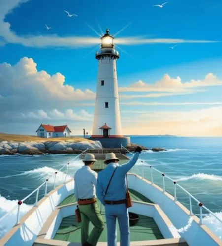 two men on boat near lighthouse during daytime,seafaring,shenmue,lighthouses,background image,electric lighthouse,seasteading,Conceptual Art,Daily,Daily 03