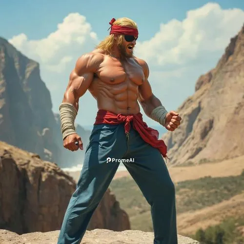 Angry man in baggy pants standing on a cliff with tall rocky hills in the background in sunshine ,a muscular man wearing a red bandanna and blue pants,ryu,tekken,sagat,guile,kazuya,sfv