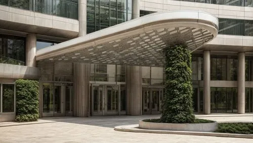 
green plants central column , canopy with lights below , glass facade ,  renderings texture, modernism, Business district, human perspective, street view, 8K, high detail , add people in background ,