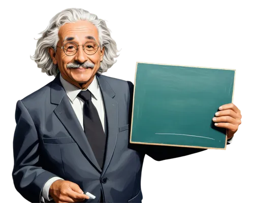 Einstein caricature, old man, wild white hair, bushy eyebrows, mustache, glasses, wrinkled face, smiling, suit, tie, holding chalk, blackboard background, soft focus, warm lighting, 3/4 composition, h