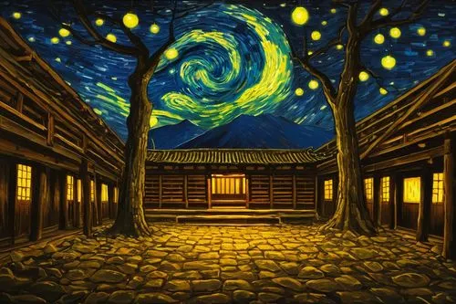 meiji jingu,daimyos,starry night,gogh,japanese-style room,ryokan,tanabata,dojo,seimei,imagawa,japanese lantern,japanese shrine,budokan,mid-autumn festival,kyoto,zatoichi,sungkyunkwan,hokusai,takahata,japanese art,Art,Artistic Painting,Artistic Painting 03