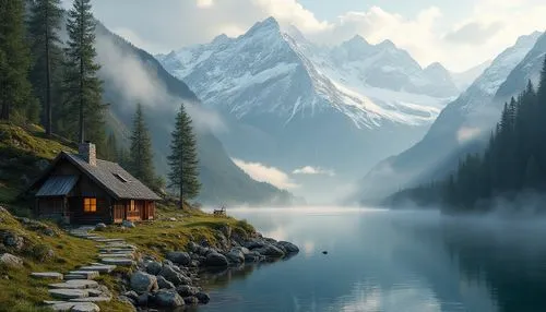 mountain lake,beautiful landscape,the cabin in the mountains,beautiful lake,mountain huts,landscape background,house in mountains,mountainlake,alpine lake,mountain landscape,swiss alps,landscapes beautiful,the alps,mountain hut,tranquility,nature wallpaper,house in the mountains,alps,high alps,house with lake,Photography,General,Realistic