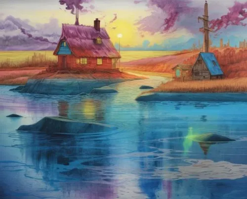 a painting of some kind of house in the water,fantasy landscape,purple landscape,an island far away landscape,aurora village,fisherman's house,fantasy picture,Illustration,Realistic Fantasy,Realistic 