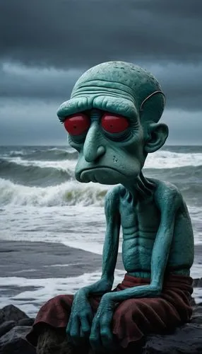 Squidward, shriveled face, grumpy expression, pale blue skin, messy black hair, thick eyebrows, red eyes, thin lips, wrinkled forehead, annoyed posture, sitting on a rocky beach, dim lighting, gloomy 