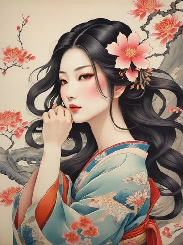 geisha girl,japanese art,oriental painting,japanese floral background,geisha,oiran,Photography,Documentary Photography,Documentary Photography 01