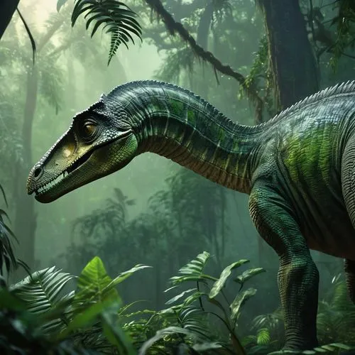 Brachiosaurus hybrid, giant reptile, mixed green and brown scaly skin, long neck, small brain, powerful tail, sharp claws, dense jungle environment, misty atmosphere, ancient trees, vines entwining, w