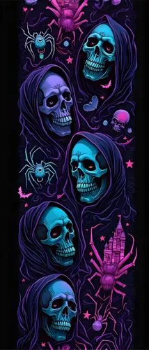 a poster with skulls, spider, and skulls,neon ghosts,day of the dead icons,scroll wallpaper,skulls,skull rowing,day of the dead frame