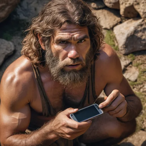 caveman with a cell phone,neanderthal,cave man,caveman,neanderthals,stone age,paleolithic,ancient people,biblical narrative characters,prehistory,indian sadhu,neo-stone age,neolithic,sadhus,primitive 