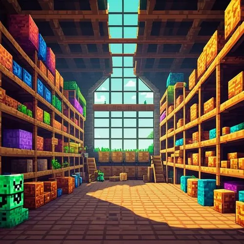 Pixel Art， game Scene,shaders,voxel,voxels,warehouses,tileable,shader,smeltery,industrial hall,mineshaft,trapdoors,warehouse,dungeon,glass blocks,hollow blocks,mineshafts,marketplace,cellar,wooden cub