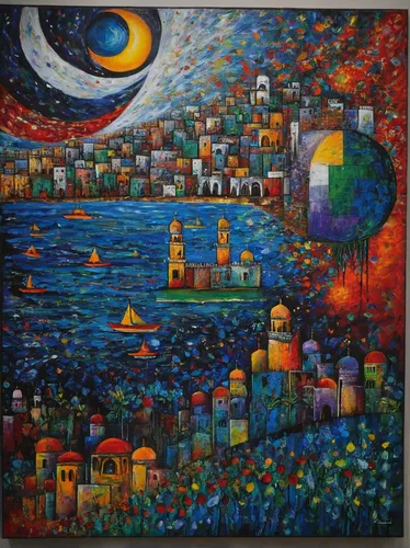 This photo, shows an acrylic on canvas painting by Palestinian artist Irina Naji, named Dream, during an art exhibition `Traces, a testimony to memory,` displaying over forty Palestinian artists work 