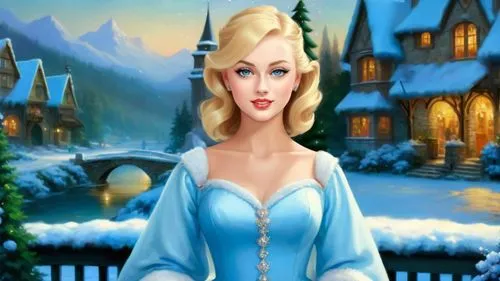 Romantic masterpiece oil painting, cute girl portrait, nostalgic 1950's style kitsch, breathtaking beautiful winter kingdom landscape, majestic fantasy scenery, evening lighting, highly detailed highr