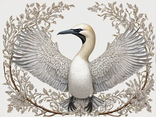 Gannet and Twig,grey neck king crane,trumpeter swan,red-crowned crane,fujian white crane,trumpeter swans,demoiselle crane,eastern crowned crane,bird illustration,constellation swan,tundra swan,paridae