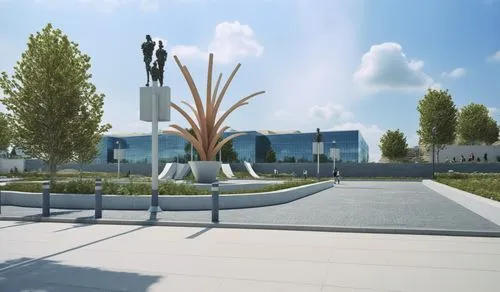 An Architectural rendering of A street with sculptural park to the right,a road and parking area near a building,technopark,biotechnology research institute,k13 submarine memorial park,saclay,baitul,s